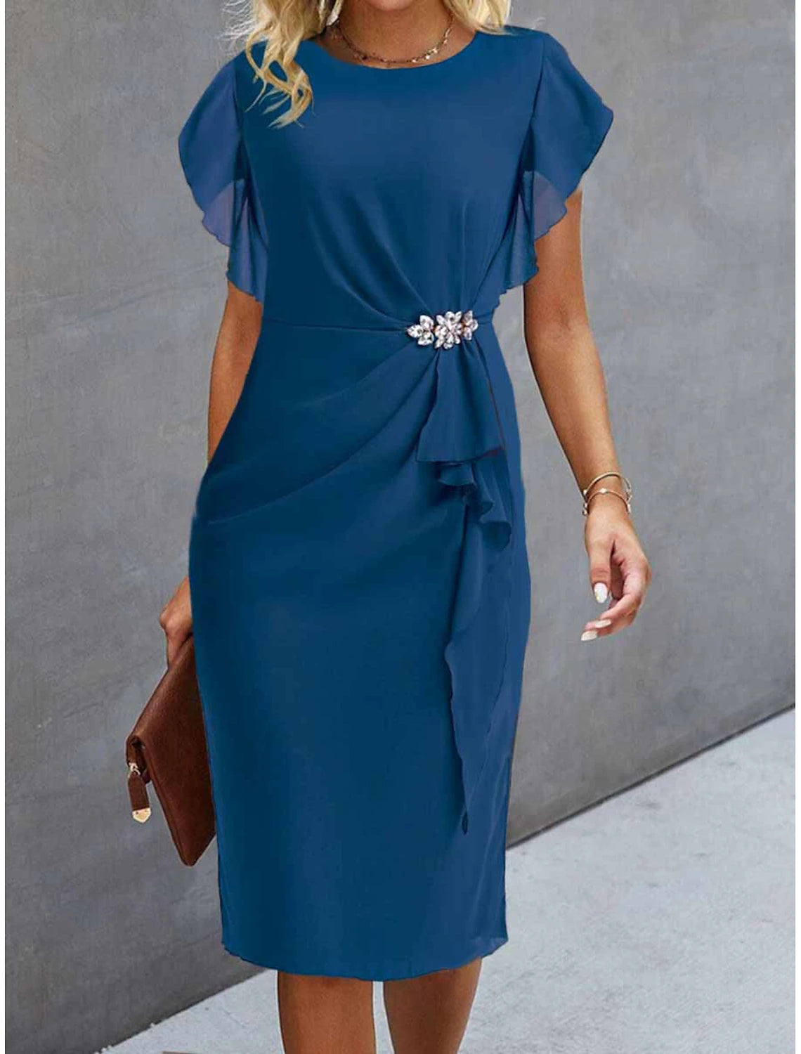 Model walking gracefully in the elegant wine blue party dress.