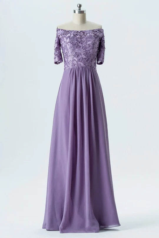 Elegant lavender chiffon mother of the bride dress with floral embroidery and half sleeves.