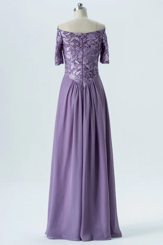 Close-up of floral embroidery on a lavender chiffon half-sleeve mother of the bride dress.
