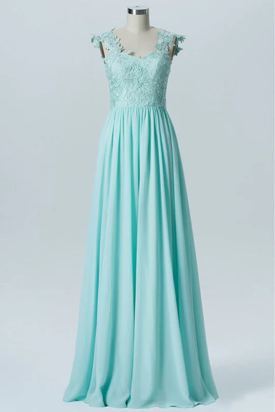Aqua blue floral embroidered pleated bridesmaid dress with cap sleeves and open back.