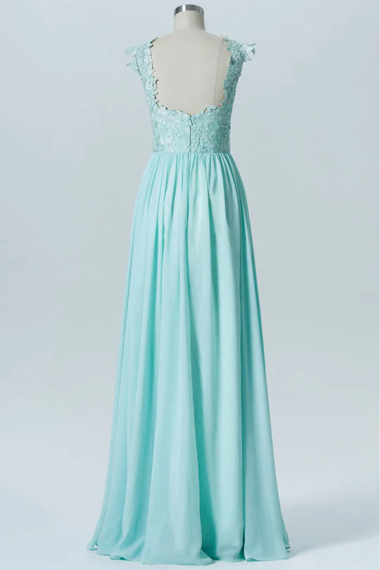 Back view of the aqua blue floral embroidered bridesmaid dress, showcasing the open back and pleated skirt.