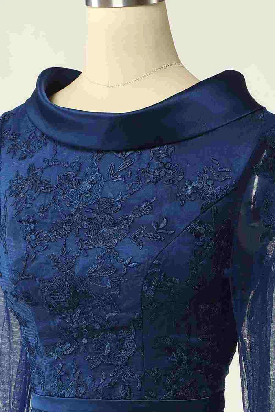 Back view of the navy blue high-collar short mother of the bride dress.