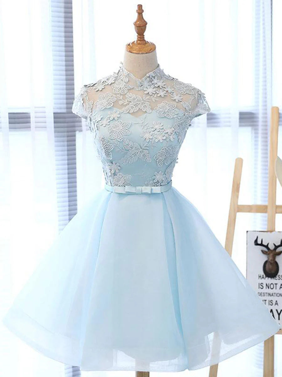 Blue high neck tulle lace short prom dress, front view.
