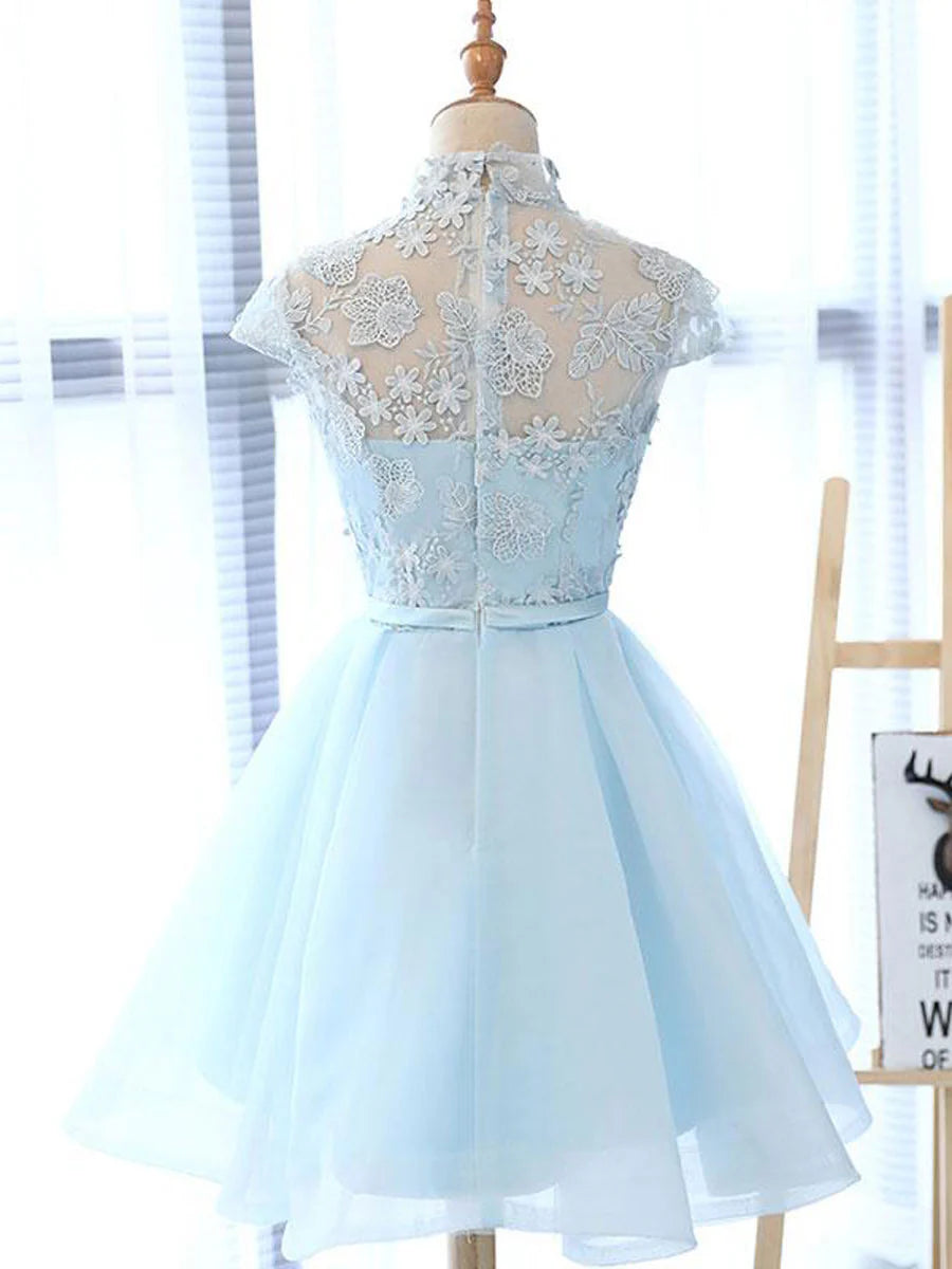 Blue high neck tulle lace short cocktail dress, side view.
