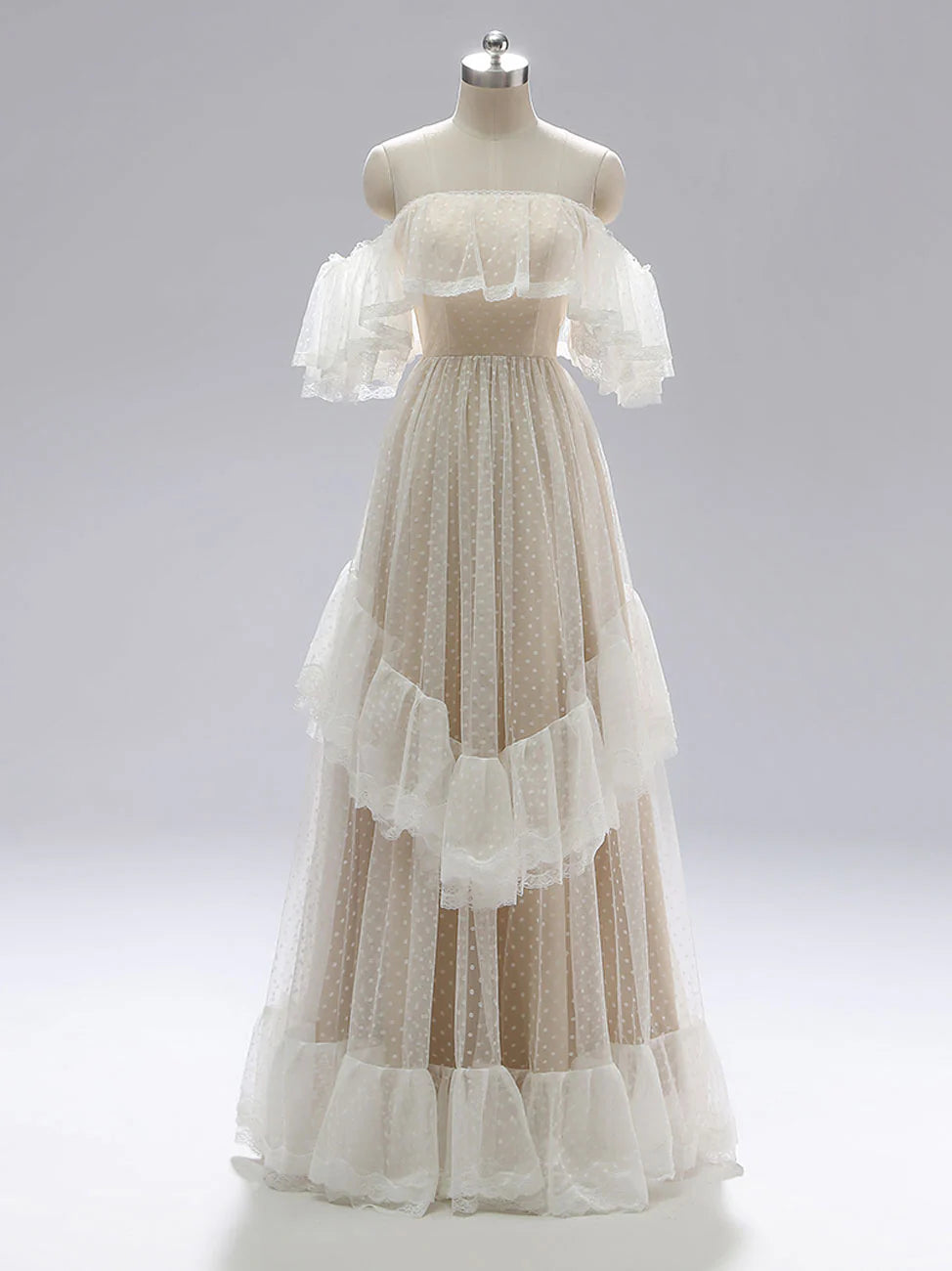 Champagne A-line off-shoulder lace long dress for prom or bridesmaids.