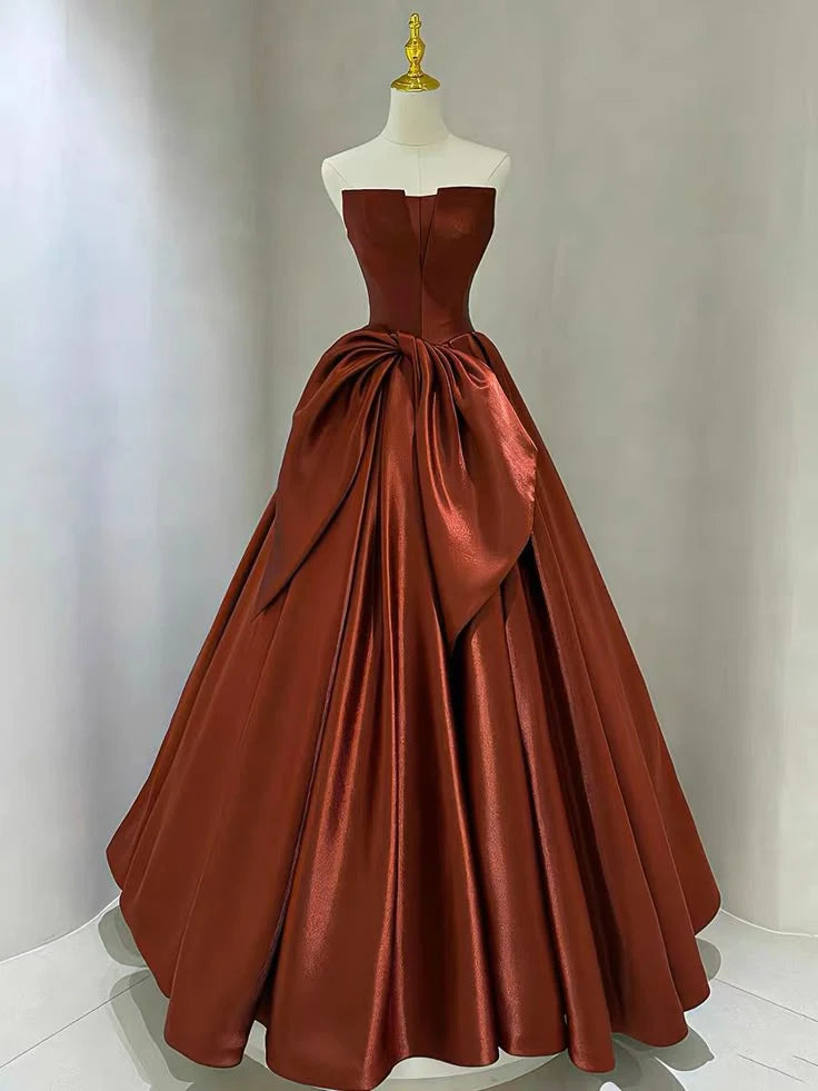 Elegant A-line off-the-shoulder satin evening dress, front view.