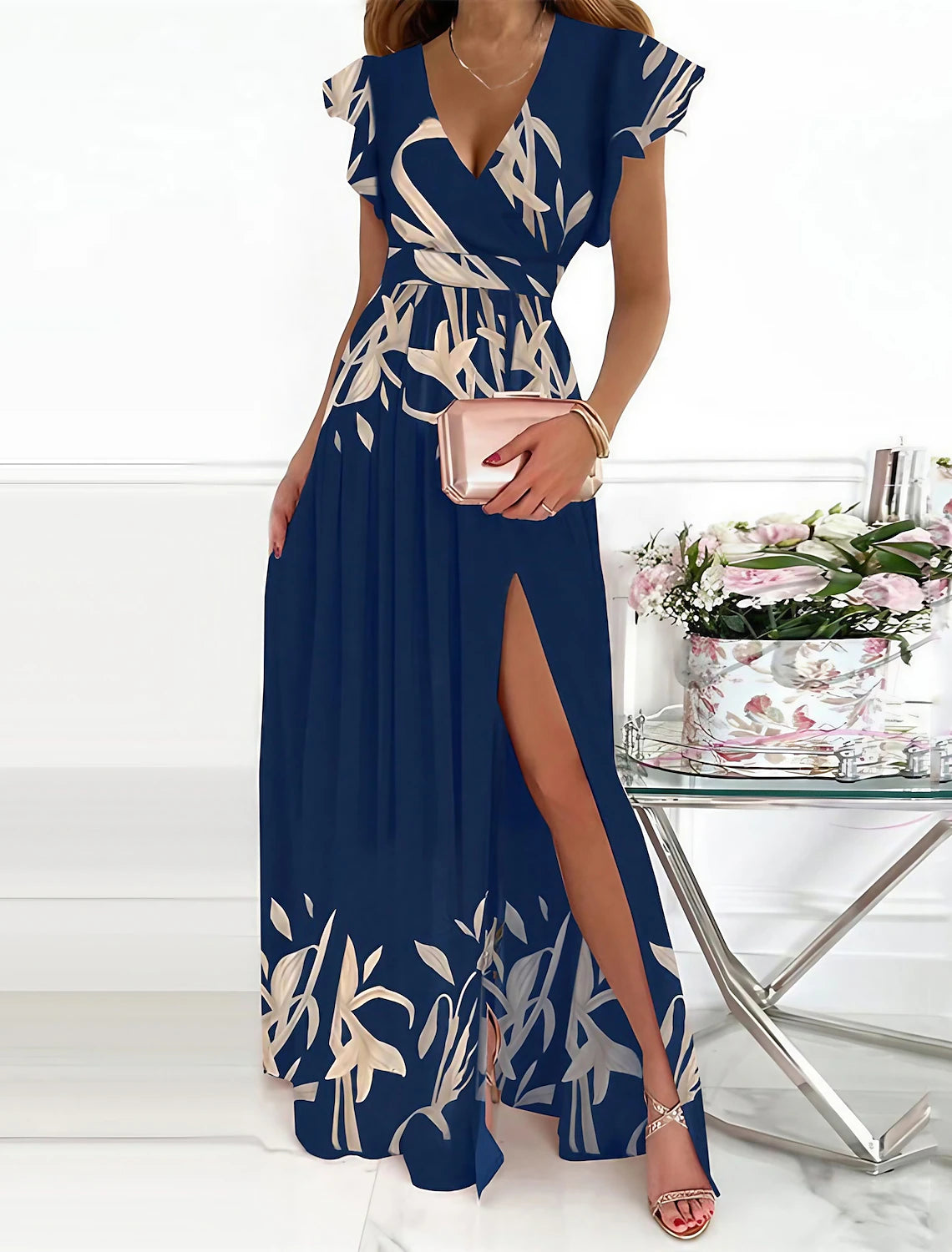 Woman wearing an elegant off-shoulder A-line maxi dress in a solid color.