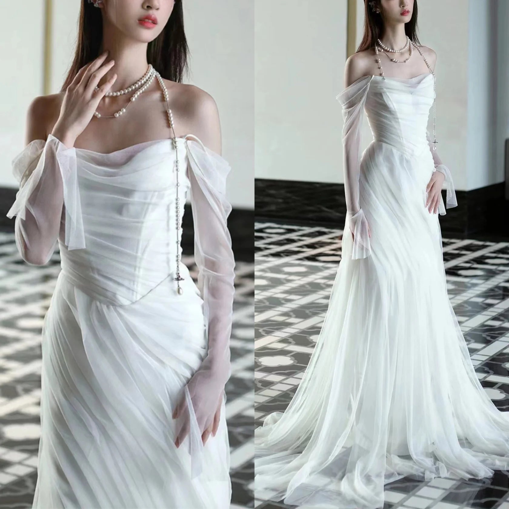 Close-up of delicate pleats on the white wedding dress fabric.
