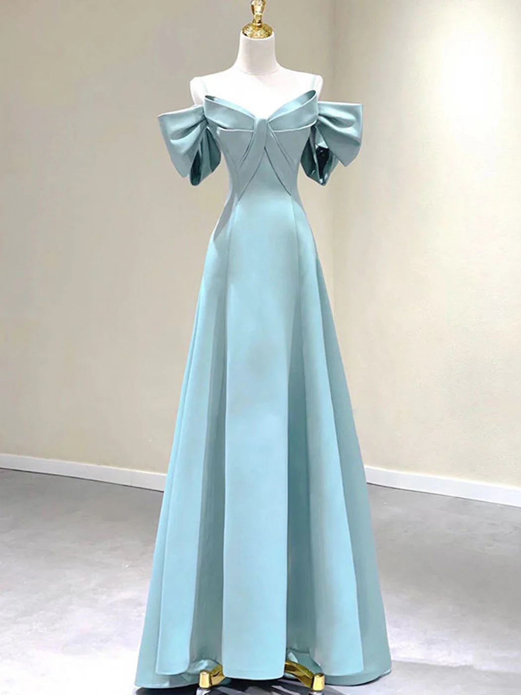 Elegant blue A-line off-shoulder satin long prom dress.