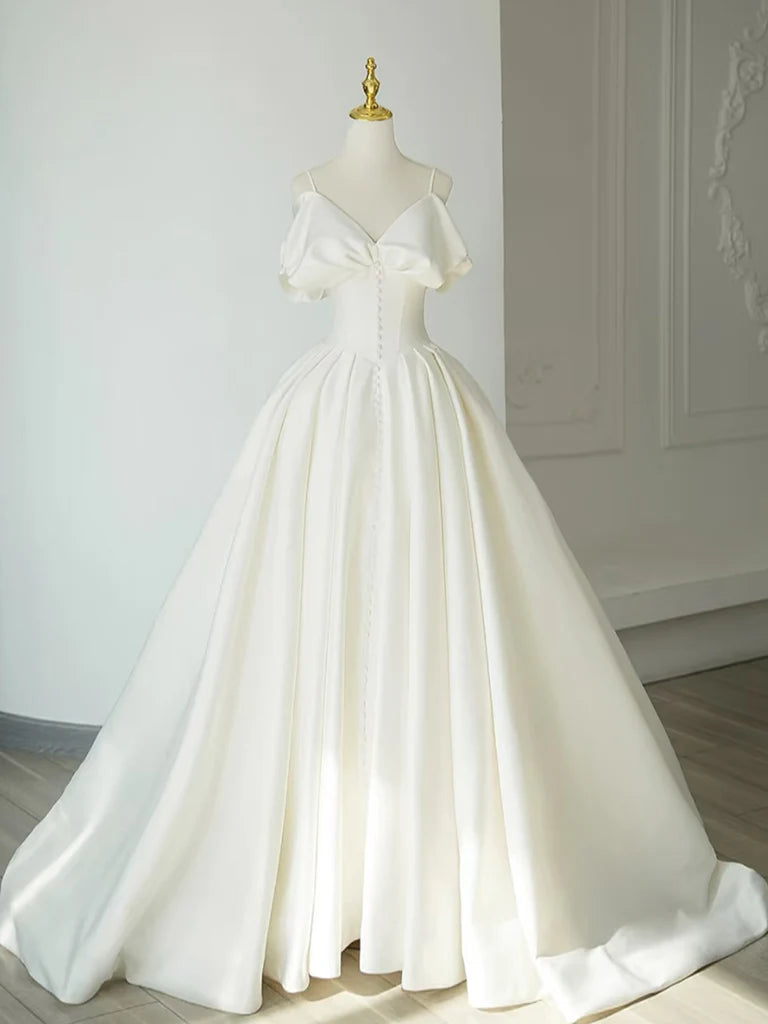 Model wearing an elegant ivory A-Line off-shoulder satin long formal dress, front view.