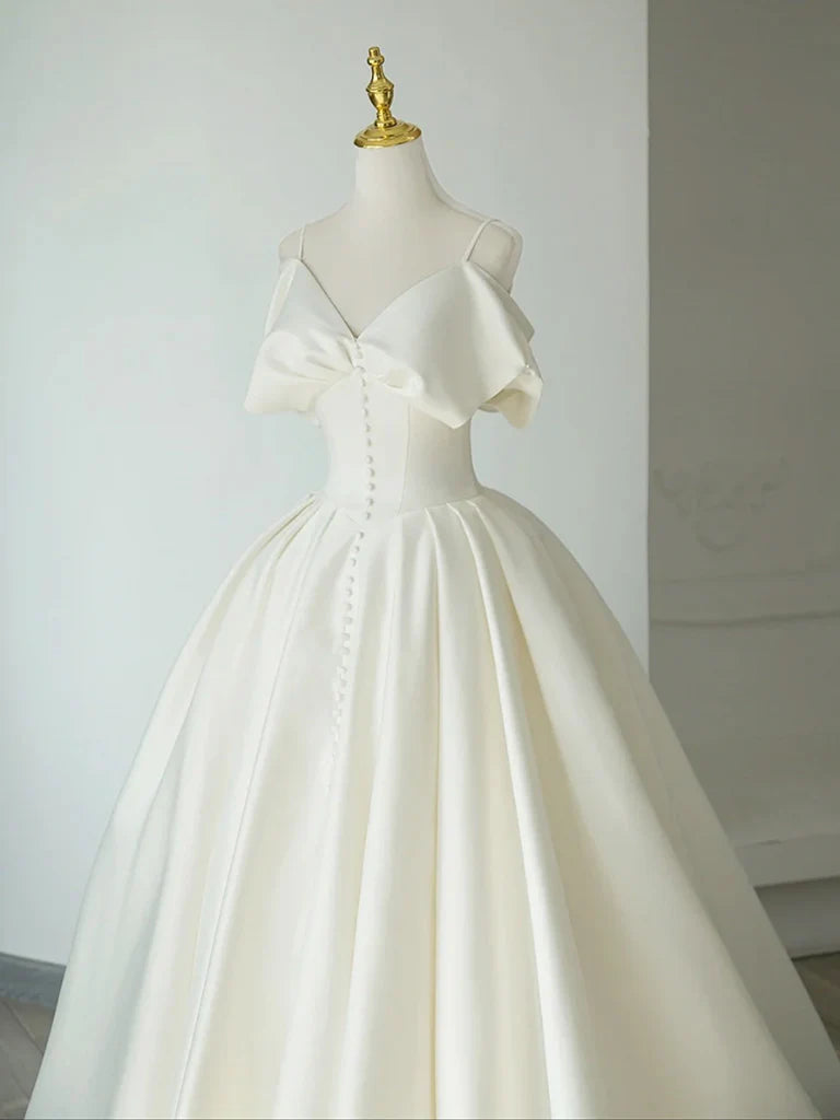 Back view of the ivory A-Line off-shoulder satin long dress, highlighting the elegant silhouette.