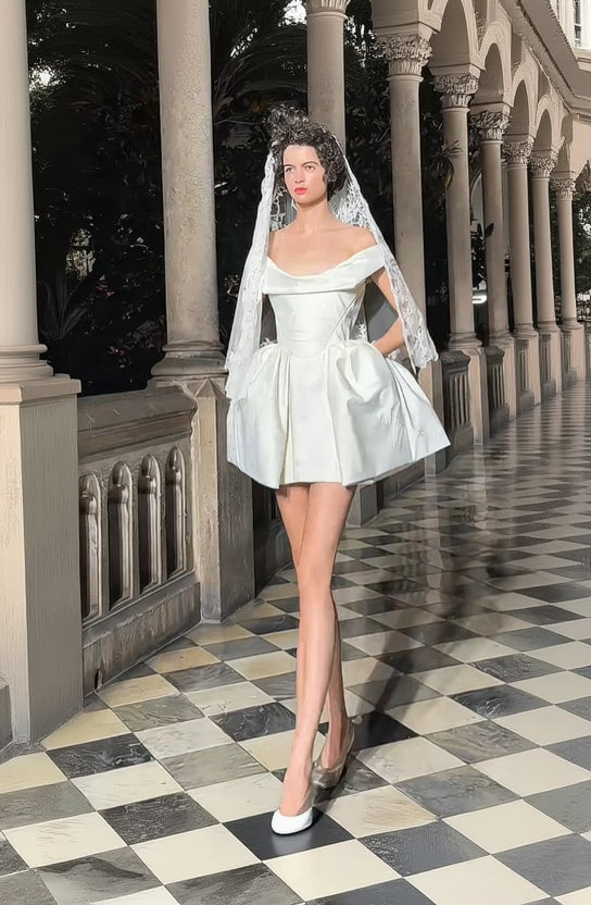 White A-line off-the-shoulder satin short dress for homecoming.
