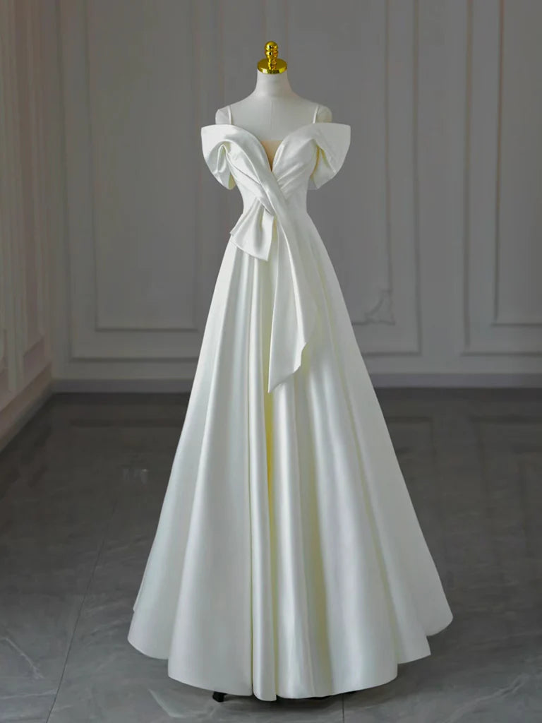 Elegant A-line off-shoulder white satin long prom dress.