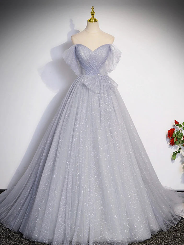 Elegant A-line off-shoulder gray tulle long prom dress.