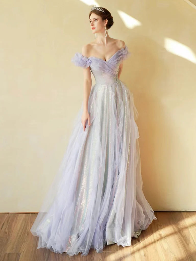 Full view of the elegant purple A-line off-shoulder tulle sequin long prom dress.
