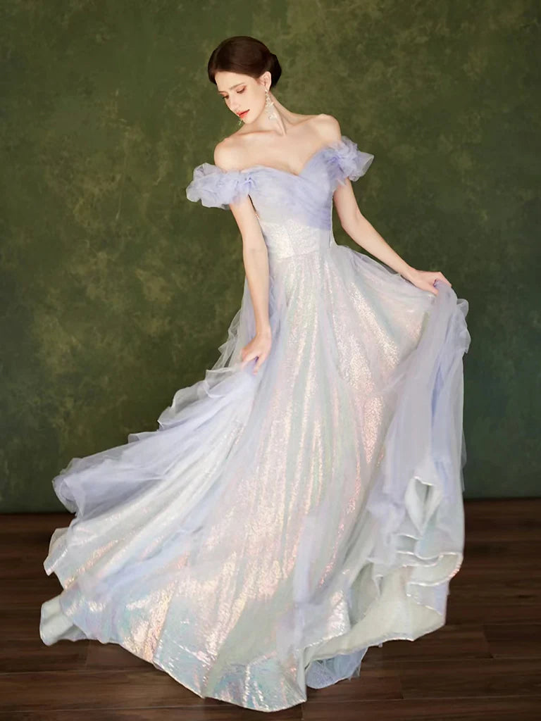 Close-up of the off-shoulder neckline and shimmering sequin details on the purple formal gown.