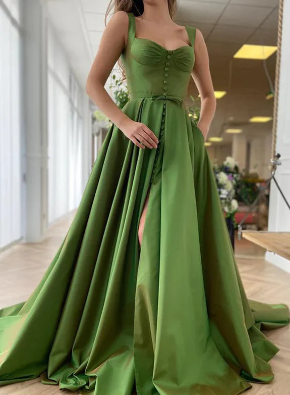 Elegant A-Line Princess satin evening dress with ruffles and a sweep train.