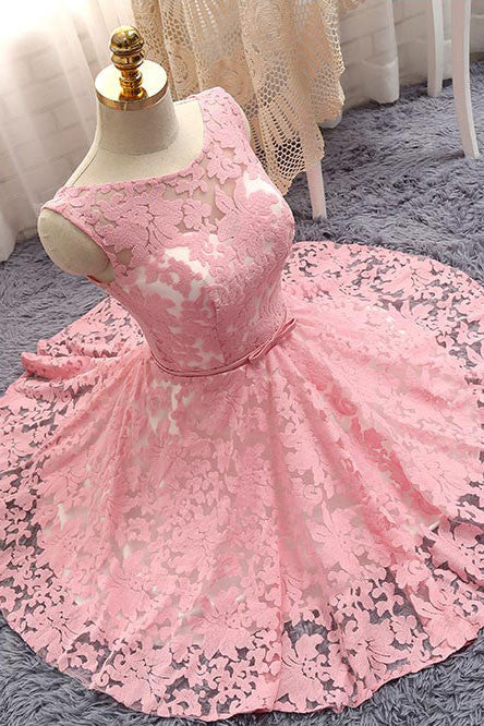 Front view of an elegant pink A-Line lace short dress with a round neck.