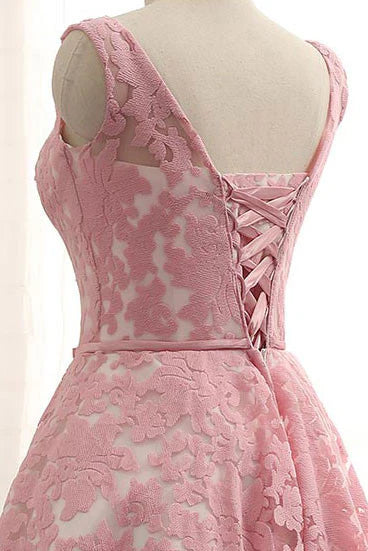 Back view of the pink A-Line lace short bridesmaid dress.