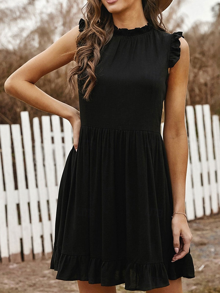 Woman wearing an elegant A-line ruffle mini dress with a high neck, front view.