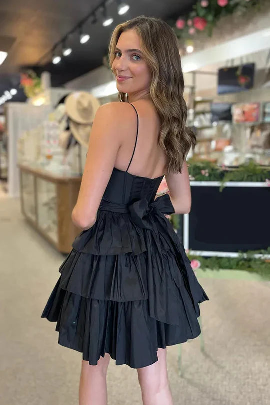 Model posing in the A-line satin dress, showcasing the flattering fit.