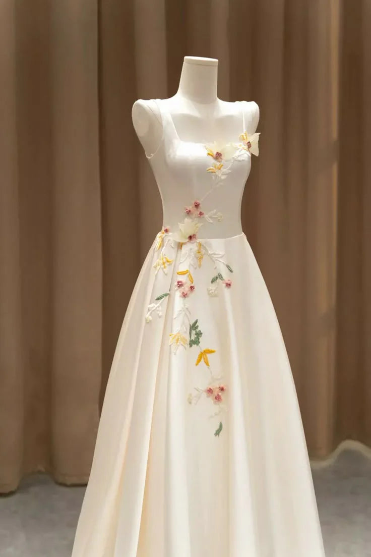 Elegant light champagne A-line satin evening dress with 3D flowers.
