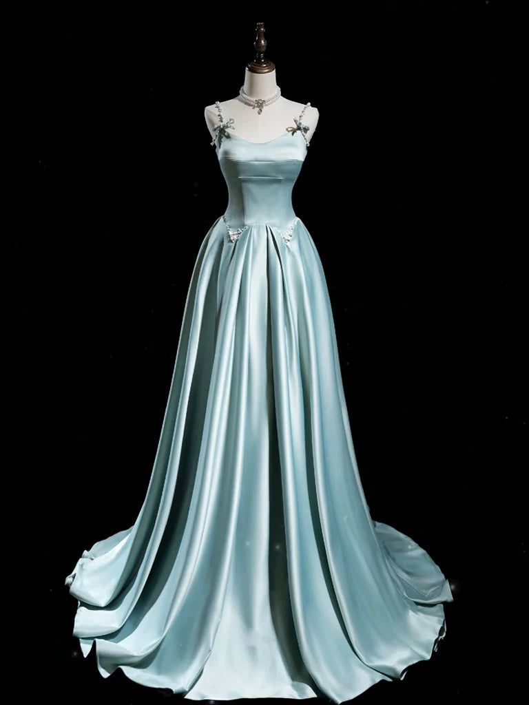 Elegant A-line blue satin long prom dress, front view.