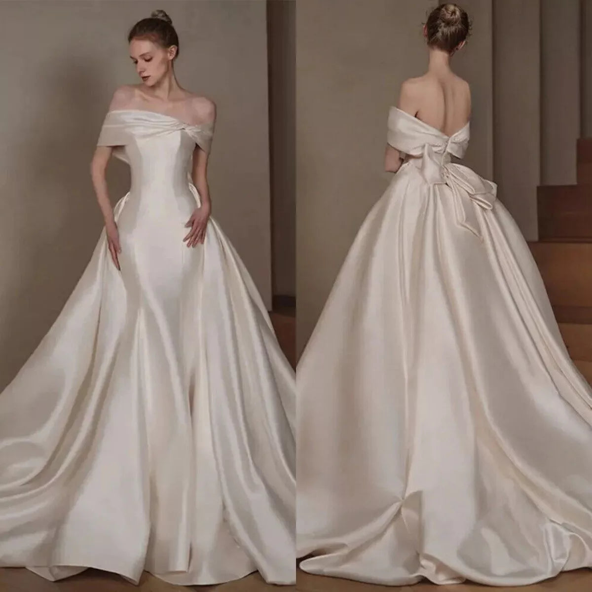 Full view of the A-line satin bridal gown, highlighting its flowing silhouette.