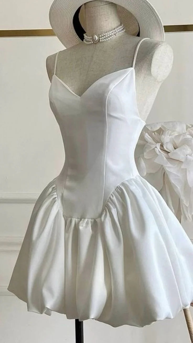 Back view of a woman in an A-line short dress with satin straps, ideal for homecoming.