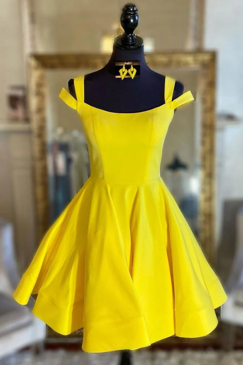 Model wearing an elegant yellow satin short A-line prom dress with a scoop neck.