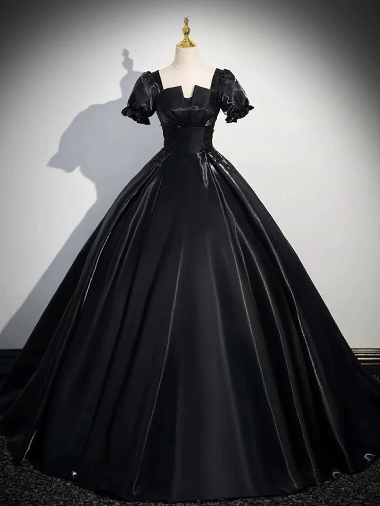Elegant A-line short sleeve satin black long prom dress, front view.