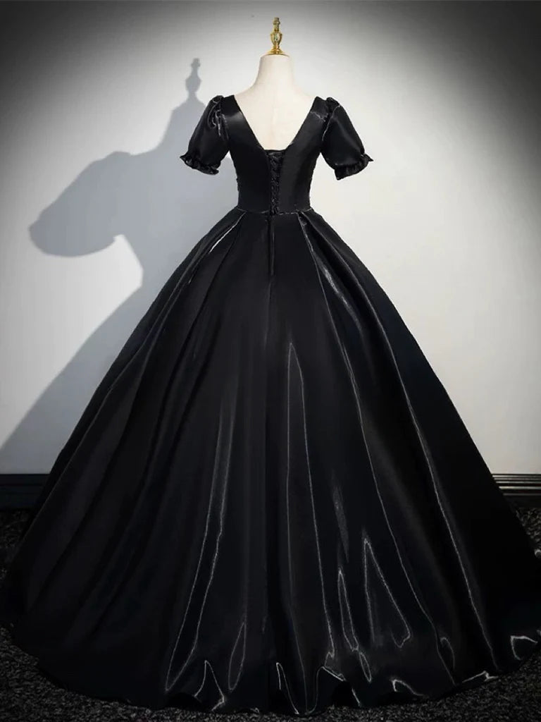 Back view of A-line short sleeve satin black long formal gown.