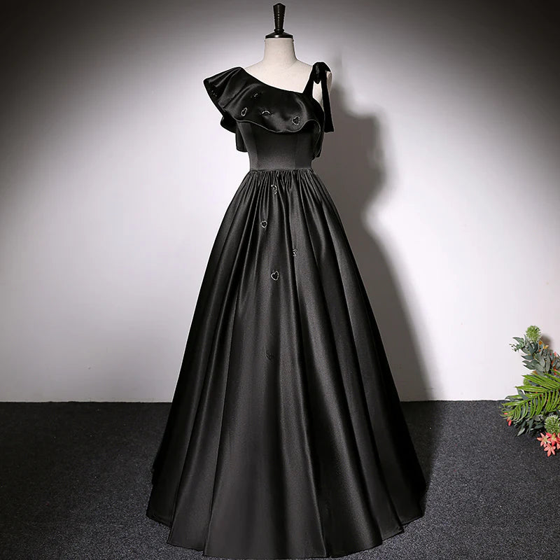 Black A-line satin sleeveless evening dress, front view.