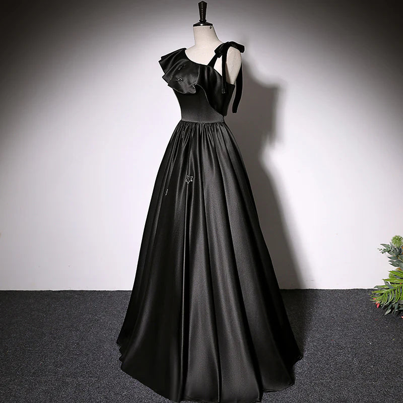 Black A-line satin sleeveless evening dress, side view.