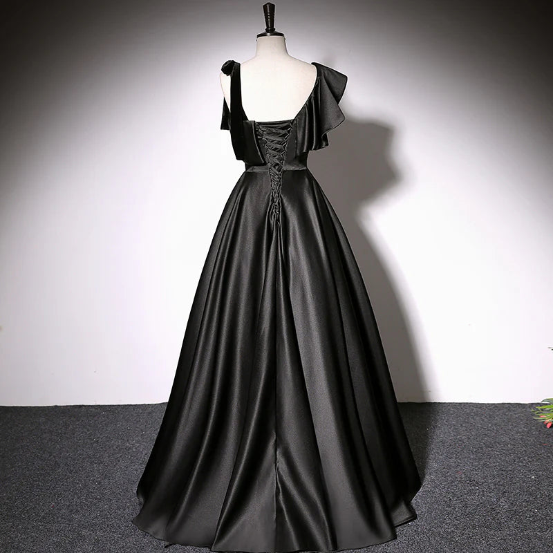 Black A-line satin sleeveless evening dress, back view.