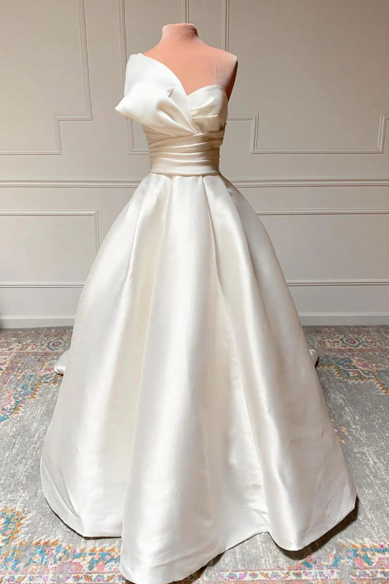 Elegant white satin long prom dress with a fitted waist.