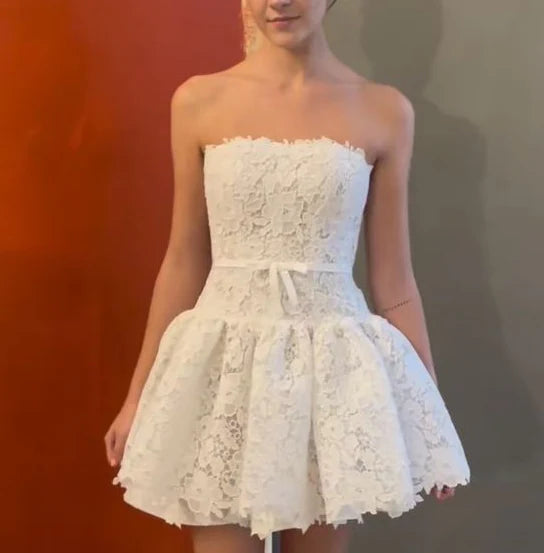 Model wearing an elegant A-line short homecoming dress with lace and pleats.