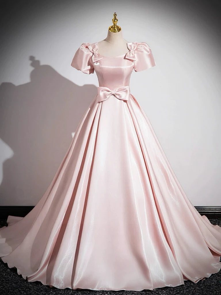 Elegant A-line satin pink long prom dress.