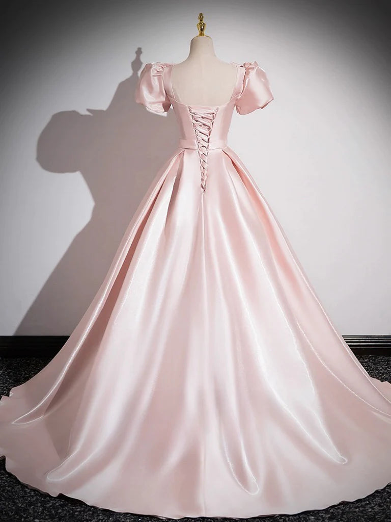 Back view of the flowing A-line pink evening dress.