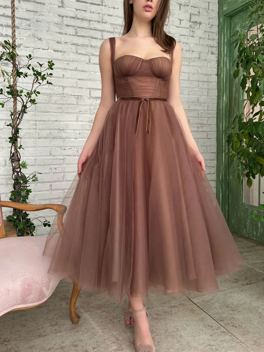 Elegant A-line tea-length brown prom dress, front view.
