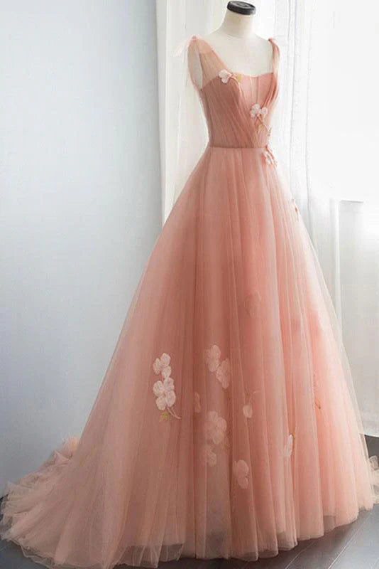 Elegant pink tulle long prom dress.