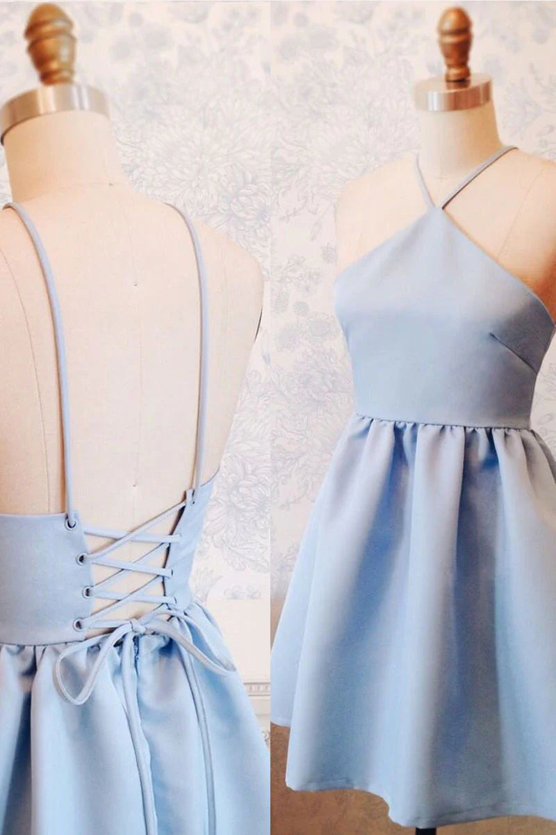 Elegant blue backless short prom dress with spaghetti straps.