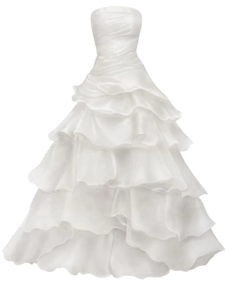 Model wearing an elegant strapless A-line white satin wedding dress with layered ruffles.