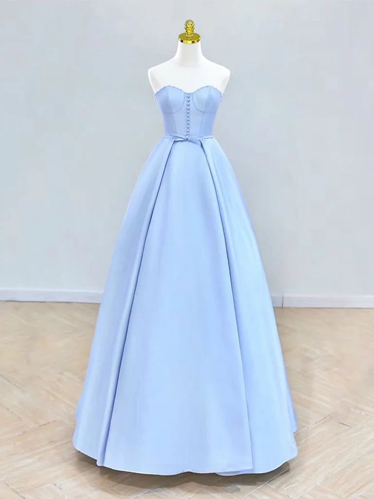 Elegant blue A-line satin long prom dress with a sweetheart neckline.