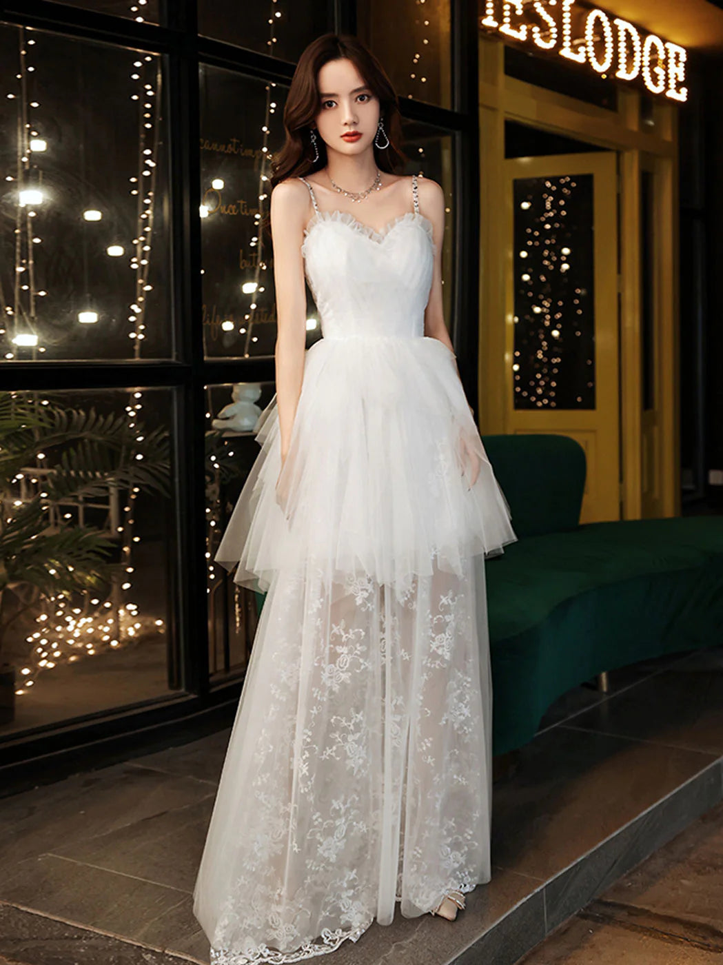 White sweetheart neck long prom dress with delicate tulle lace details.