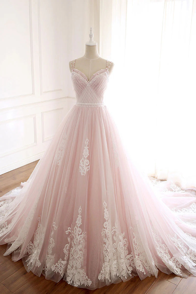 Elegant pink sweetheart neck tulle long prom dress.