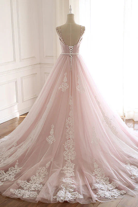 Back detail of the pink lace tulle formal dress.