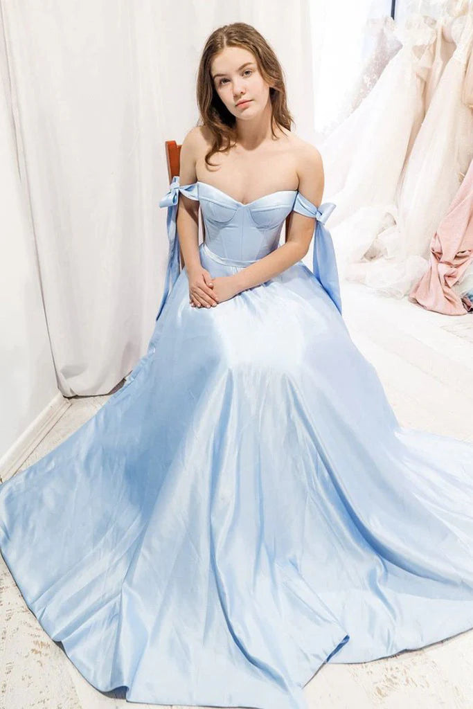 Elegant blue sweetheart off-shoulder satin long prom dress.