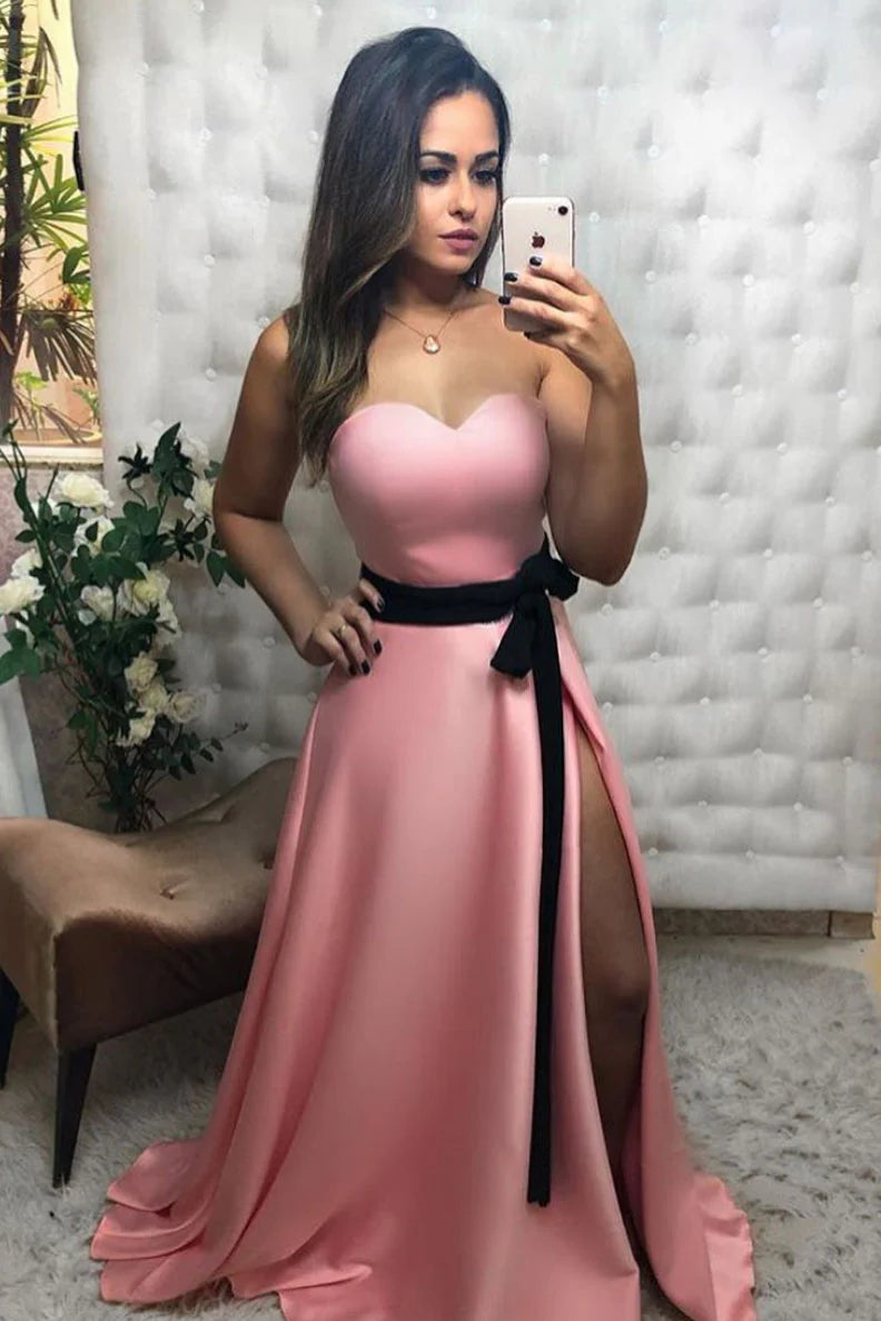 Elegant pink satin off-shoulder A-line long prom dress.