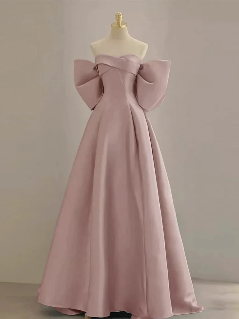 Full view of an elegant A-line sweetheart neck satin pink long prom dress.